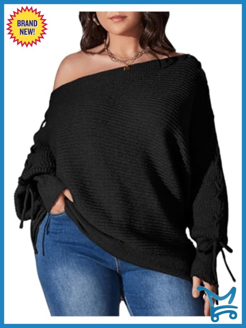 Off Shoulder Lace Up Knit Pullover Sweater Long Sleeve Plus Size